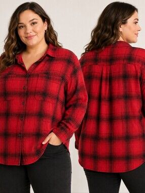 Ava & Viv Red Black Plaid Button Front Shirt Plus Size 2X Grunge Lumberjack Casu